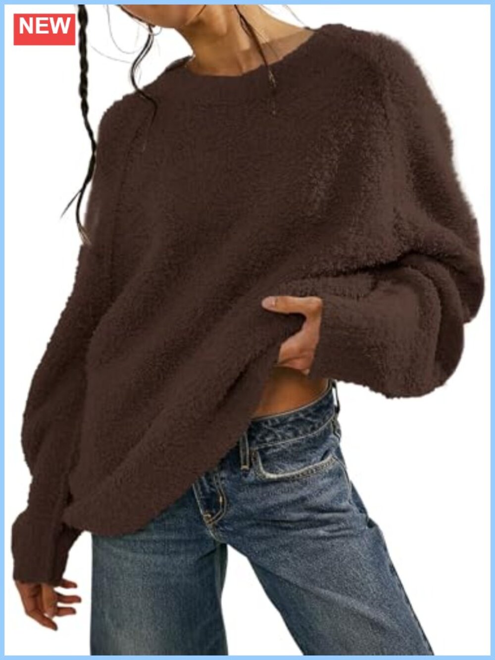 Oversized Fuzzy Knit Sweater Long Sleeve Crewneck Pullover Warm Cozy